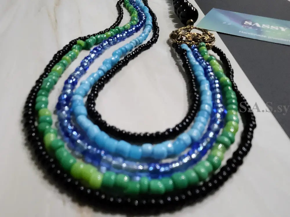 Black Blue and Green Multi Strand Necklace N08