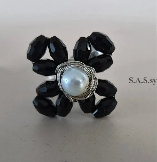 Black Flower Cocktail Ring - Sassy by Sharmin Aziz