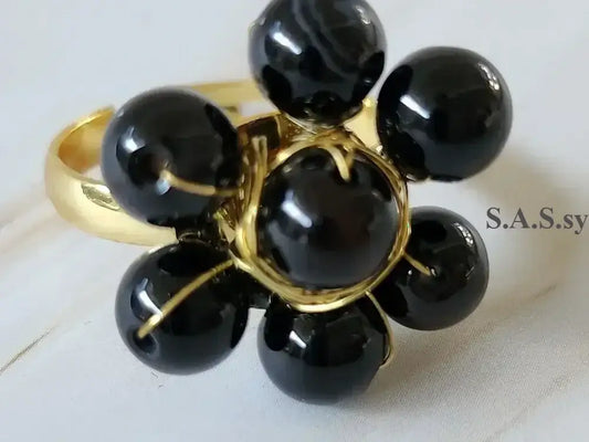 Black Onyx Wire wrapped Flower Ring - Sassy by Sharmin Aziz