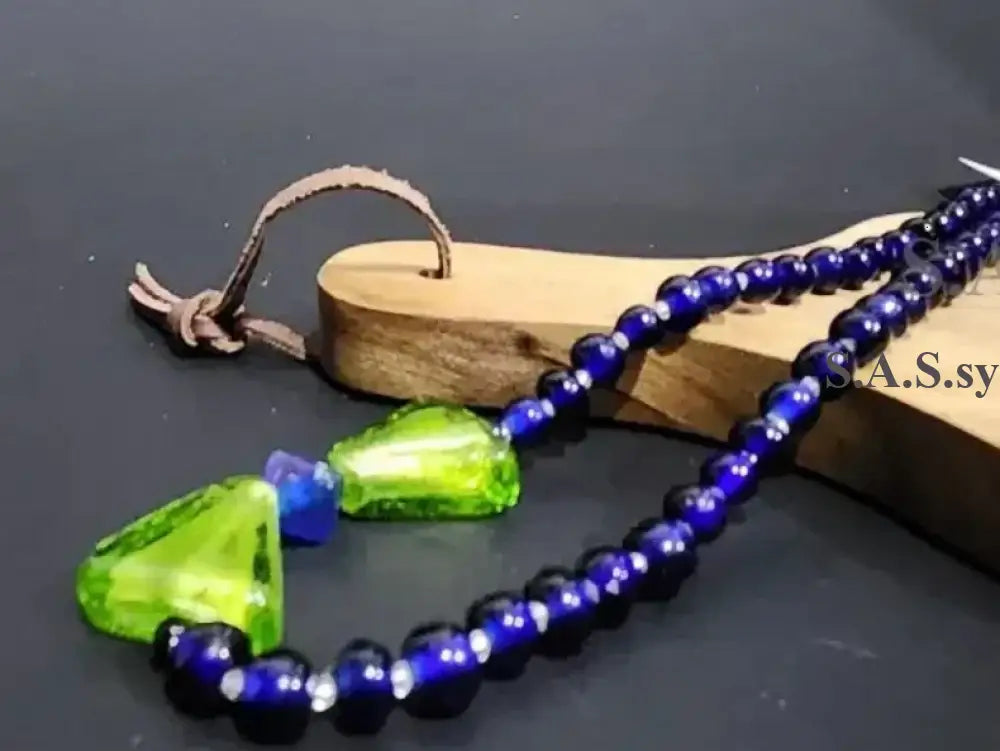 Blue beaded necklace with green triangle bead - Sassy by Sharmin Aziz
