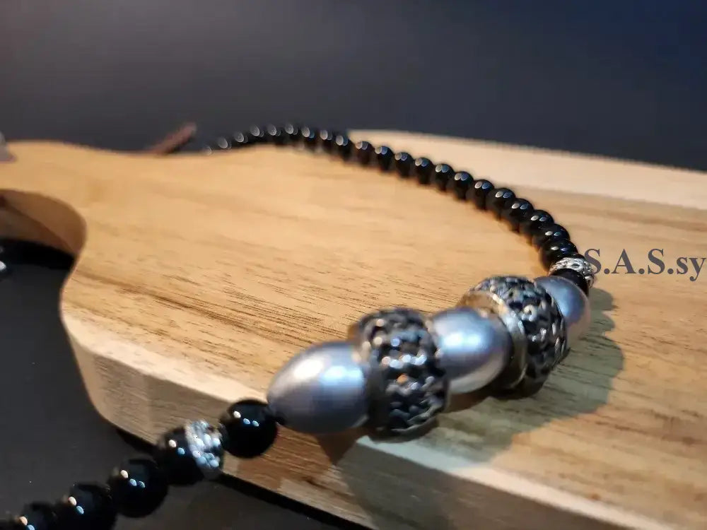 Black Onyx beaded necklace with silver accent - Sassy by Sharmin Aziz