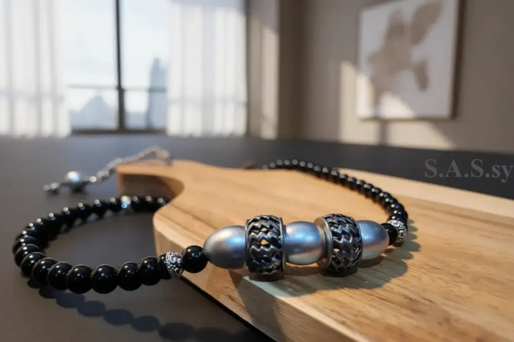 Close up of Black Onyx beaded necklace with silver accent - Sassy by Sharmin Aziz