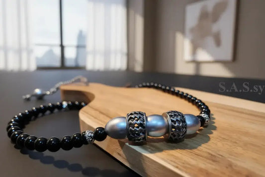Close up of Black Onyx beaded necklace with silver accent - Sassy by Sharmin Aziz