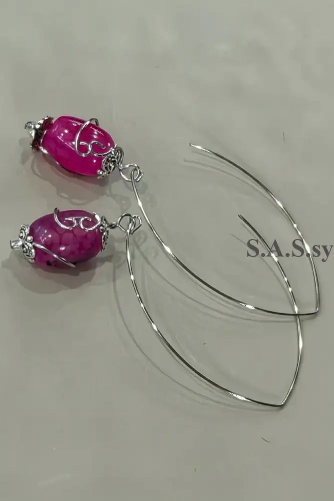 Pink Gemstone Wire Wrap Curve Earrings - Sassy by Sharmin Aziz