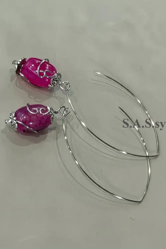 Pink Gemstone Wire Wrap Curve Earrings - Sassy by Sharmin Aziz