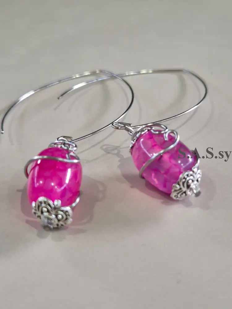 Pink Gemstone Wire Wrap Curve Earrings - Sassy by Sharmin Aziz