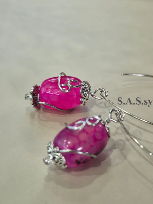 Pink Gemstone Wire Wrap Curve Earrings - Sassy by Sharmin Aziz