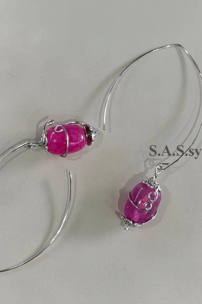 Pink Gemstone Wire Wrap Curve Earrings - Sassy by Sharmin Aziz