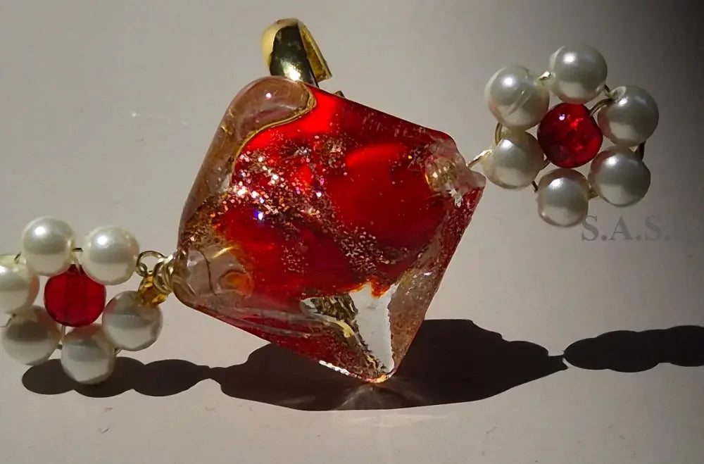 Red square glass bead with pearl flower charm handmade ring - Sassy by Sharmin Aziz