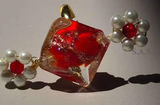 Red square glass bead with pearl flower charm handmade ring - Sassy by Sharmin Aziz