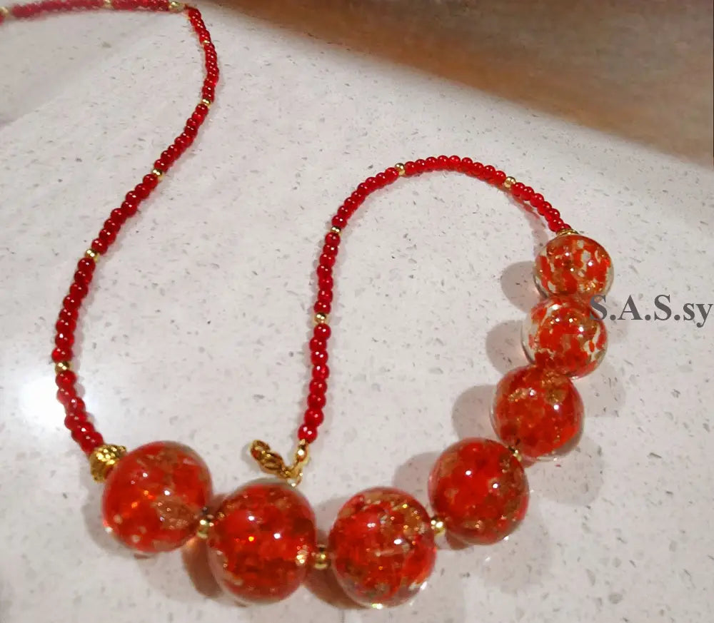 Red Glass Bead and Gemstone Necklace N02
