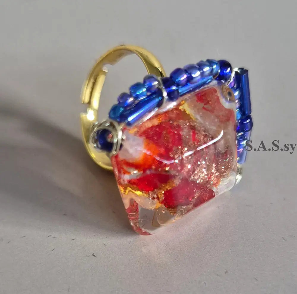 Red Square Wire-Wrapped Ring - Sassy by Sharmin Aziz