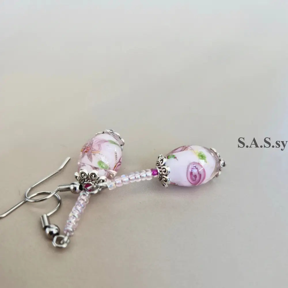 Rose Glass Bead Earrings – Handcrafted Cluster Dangle Earrings - Earrings