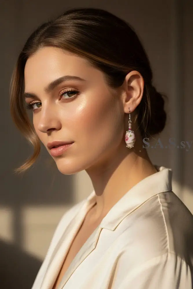 A pair of handmade dangle earrings featuring oval pink and white floral lampwork beads with silver wire-wrapped hooks, displayed on a neutral beige background.