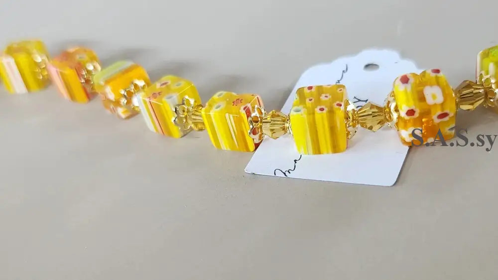 Yellow Cube Millefiori Glass Bead  Bracelet - Sassy by Sharmin Aziz