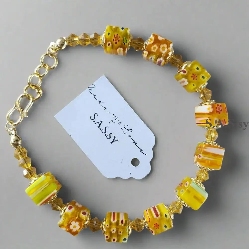 Yellow Cube Millefiori Glass Bead  Bracelet - Sassy by Sharmin Aziz
