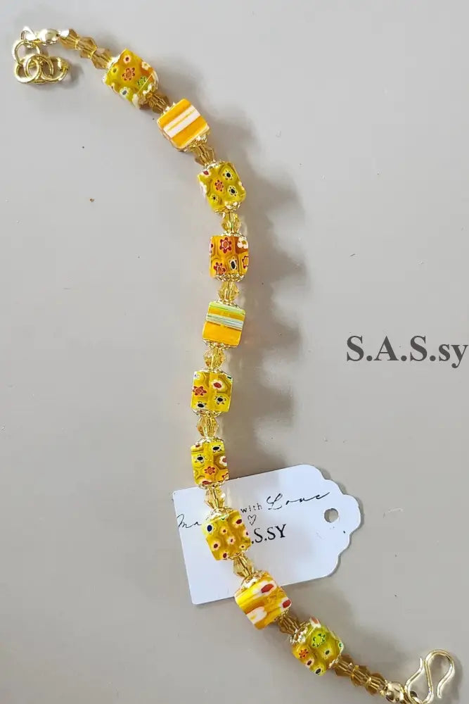 Yellow Cube Millefiori Glass Bead  Bracelet - Sassy by Sharmin Aziz