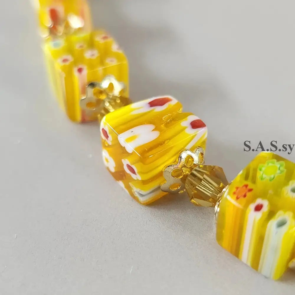 Yellow Cube Millefiori Glass Bead  Bracelet - Sassy by Sharmin Aziz