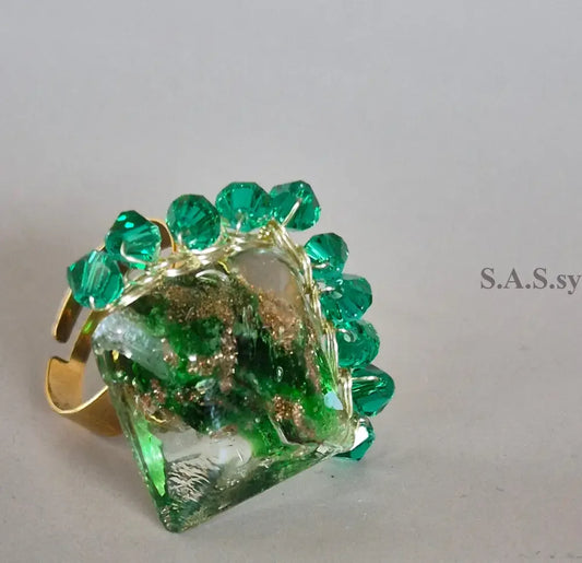 Green Square Wire-Wrapped Ring - Sassy by Sharmin Aziz